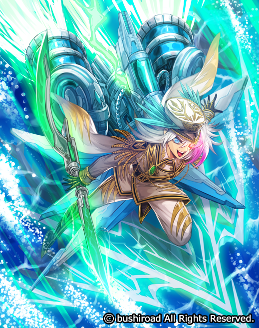 1boy blue_eyes boots cardfight!!_vanguard company_name epaulettes eyepatch full_body hat long_hair marine_general_of_the_sonic_speed_nektarios military military_uniform multicolored_hair official_art open_mouth pink_hair solo sword teeth two-tone_hair uniform water weapon white_hair