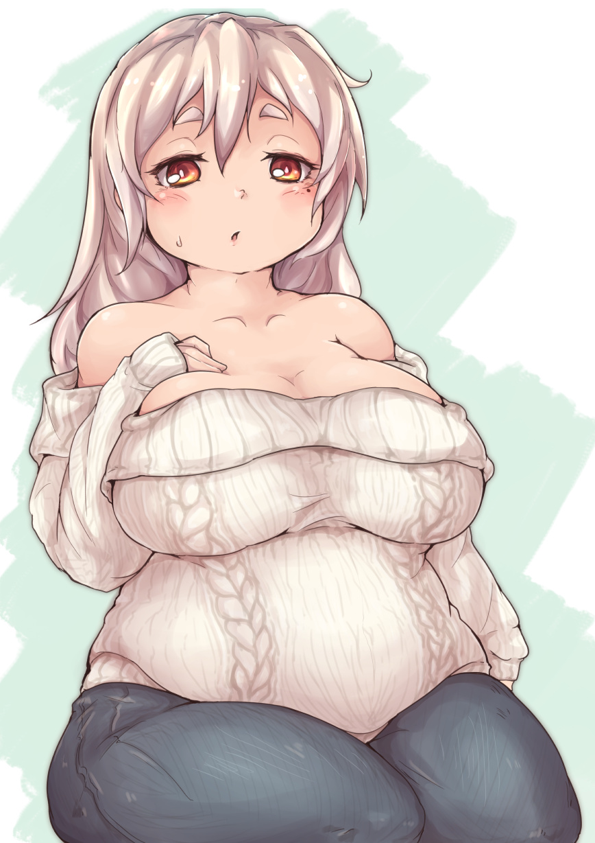 1girl :o bare_shoulders blush breasts cleavage collarbone denim fat hand_on_breast heo highres jeans large_breasts long_hair looking_at_viewer meat_day mole mole_under_eye off-shoulder_sweater original pants plump red_eyes short_eyebrows sitting sleeves_past_wrists solo sweat sweater thick_eyebrows thick_thighs thighs white_hair