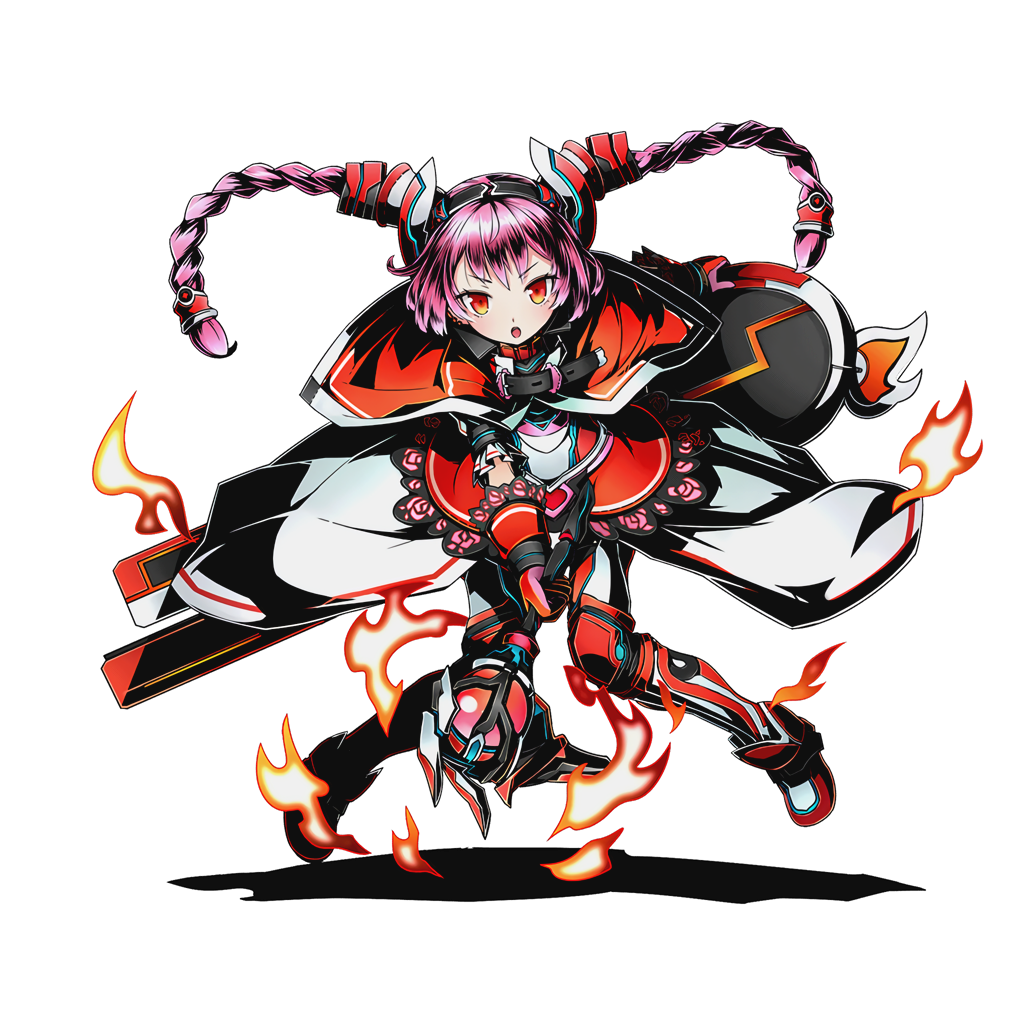 1girl braid capelet divine_gate fire full_body gloves hairband holding holding_weapon long_hair looking_at_viewer official_art open_mouth pink_hair red_eyes red_gloves shadow solo transparent_background twin_braids ucmm weapon