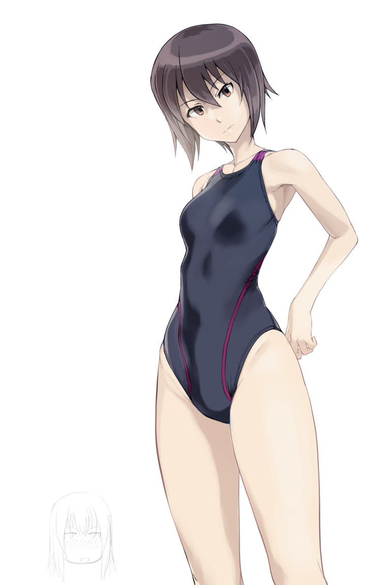 2girls arm_behind_back bangs black_swimsuit blush brown_eyes brown_hair closed_mouth competition_swimsuit cowboy_shot daisuke_(dskman) full-face_blush girls_und_panzer graphite_(medium) itsumi_erika looking_at_viewer multiple_girls nishizumi_maho one-piece_swimsuit short_hair simple_background standing swimsuit traditional_media white_background