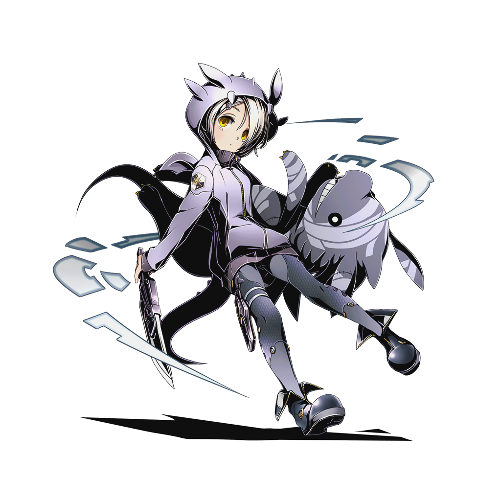 1girl black_legwear divine_gate full_body hair_ornament hairclip head_tilt holding holding_sword holding_weapon hood hooded_jacket jacket looking_at_viewer official_art shadow short_hair silver_hair solo sword transparent_background ucmm weapon yellow_eyes zipper
