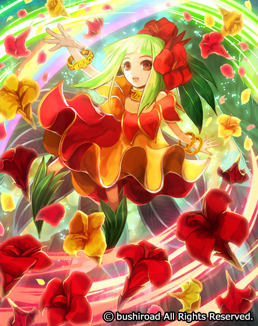 1girl anklet bracelet cardfight!!_vanguard company_name flower full_body green_hair hair_flower hair_ornament jewelry leaf maiden_of_canna moreshan official_art open_mouth orange_eyes solo sparkle teeth