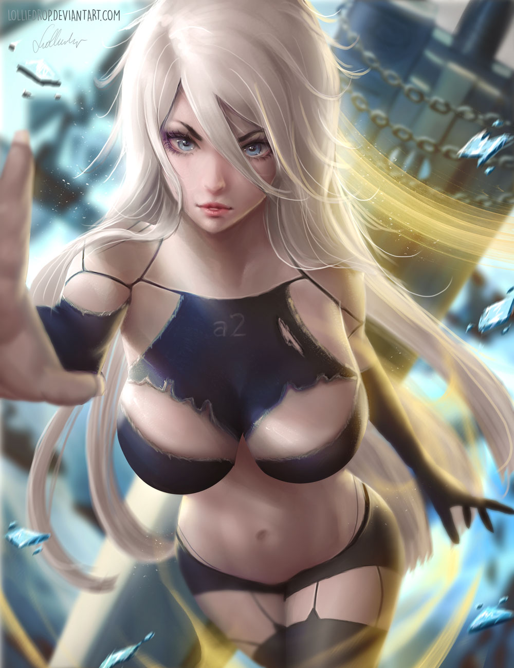 1girl android arm_at_side armlet bangs bare_shoulders black_gloves black_legwear black_shorts blue_eyes blurry blurry_background breasts broadsword chains character_name collarbone cowboy_shot deviantart_username elbow_gloves eyelashes garter_straps gloves greatsword hair_between_eyes hand_up highres huge_weapon large_breasts legs_together lips lolliedrop long_hair looking_at_viewer nier_(series) nier_automata no_mole nose parted_lips pink_lips reaching reaching_out robot_joints short_shorts shorts signature silver_hair sleeveless solo standing sword tank_top thigh-highs weapon yorha_type_a_no._2