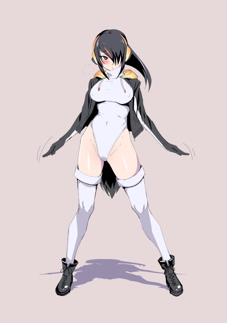 1girl black_hair black_jacket brown_eyes covered_navel emperor_penguin_(kemono_friends) facing_viewer full_body hair_over_one_eye headphones highleg highleg_leotard jacket kemono_friends leotard long_hair multicolored_hair solo standing thigh-highs ulrich_(tagaragakuin) white_legwear white_leotard