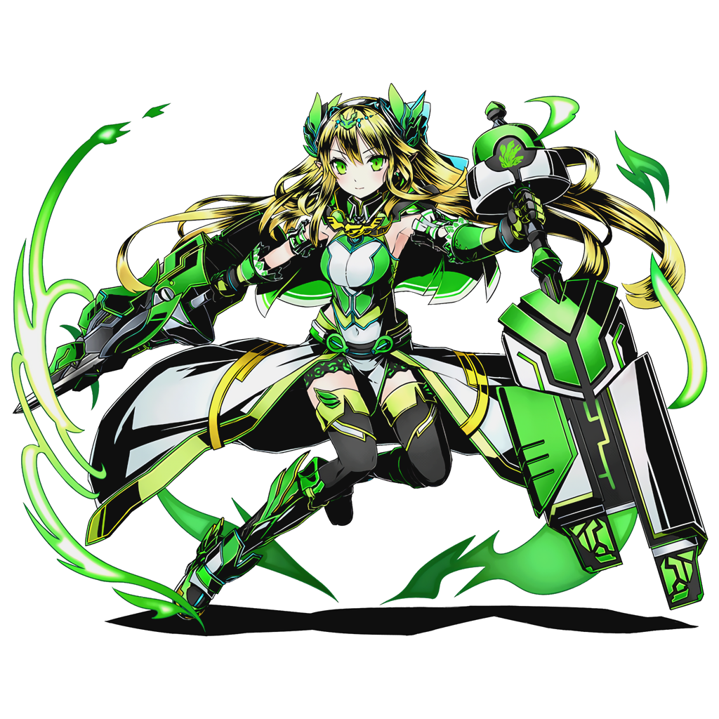 1girl armpits black_boots blonde_hair boots breasts covered_navel divine_gate floating_hair full_body green_eyes hair_ornament holding holding_weapon long_hair medium_breasts official_art shadow sideboob solo thigh-highs thigh_boots transparent_background ucmm very_long_hair weapon