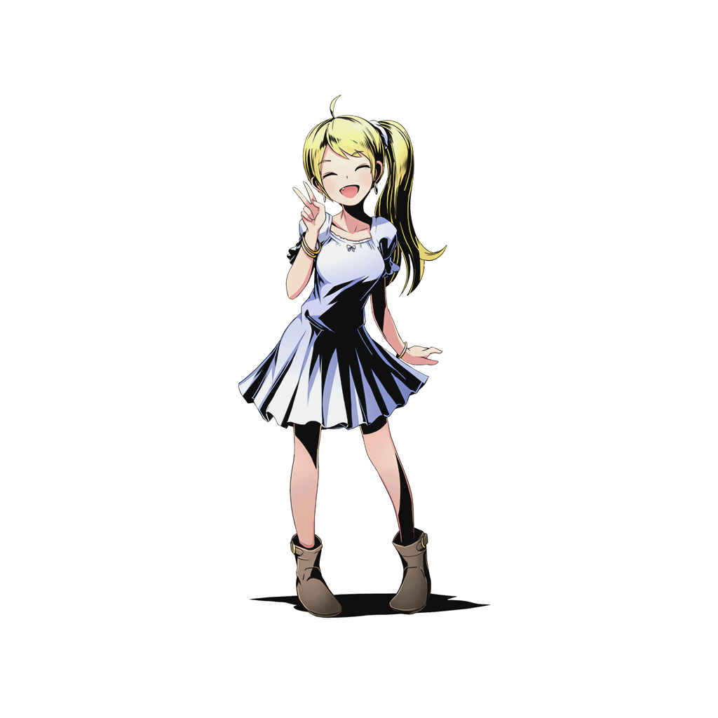 1girl ahoge blonde_hair boots bracelet brown_boots closed_eyes collarbone divine_gate dress earrings eyebrows_visible_through_hair full_body hair_ornament hair_scrunchie head_tilt jewelry long_hair official_art open_mouth pleated_dress scrunchie side_ponytail solo standing transparent_background ucmm v white_dress