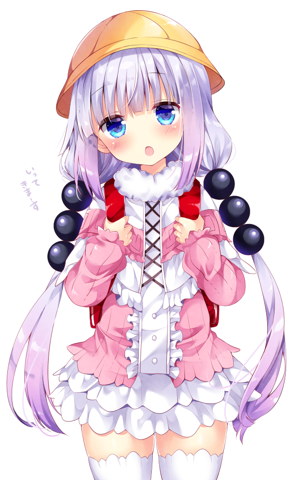 1girl :o backpack bag bangs beads blouse blue_eyes blunt_bangs blush bow buttons capelet center_frills cowboy_shot dragon_girl dress eyebrows_visible_through_hair frilled_capelet frilled_skirt frills gothic_lolita gradient gradient_hair hair_beads hair_ornament hands_up hat kanna_kamui kobayashi-san_chi_no_maidragon lavender_hair lolita_fashion long_hair long_sleeves looking_at_viewer low_twintails microdress multicolored_hair nogi_takayoshi open_mouth purple_hair randoseru school_hat simple_background skirt smile solo tail thigh-highs twintails very_long_hair white_background white_hair white_legwear yellow_hat
