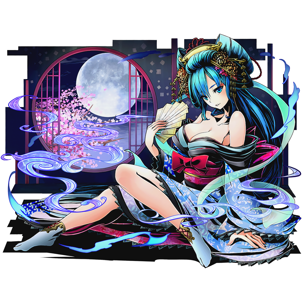1girl bare_shoulders blue_eyes blue_hair breasts cleavage collarbone divine_gate fan full_body full_moon hair_ornament holding holding_fan japanese_clothes kimono large_breasts long_hair moon off_shoulder official_art ponytail sash socks solo transparent_background ucmm very_long_hair yukata