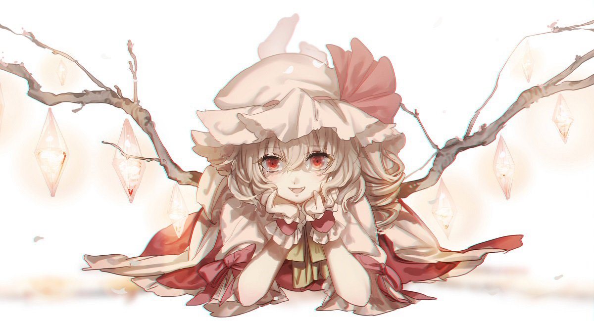 1girl barefoot blonde_hair crystal drill_hair fangs flandre_scarlet hands_on_own_cheeks hands_on_own_face hat hat_ribbon legs_up looking_at_viewer lying mob_cap no-kan on_stomach puffy_sleeves red_eyes ribbon shirt short_sleeves side_ponytail skirt skirt_set smile solo the_pose touhou vest wings wrist_cuffs