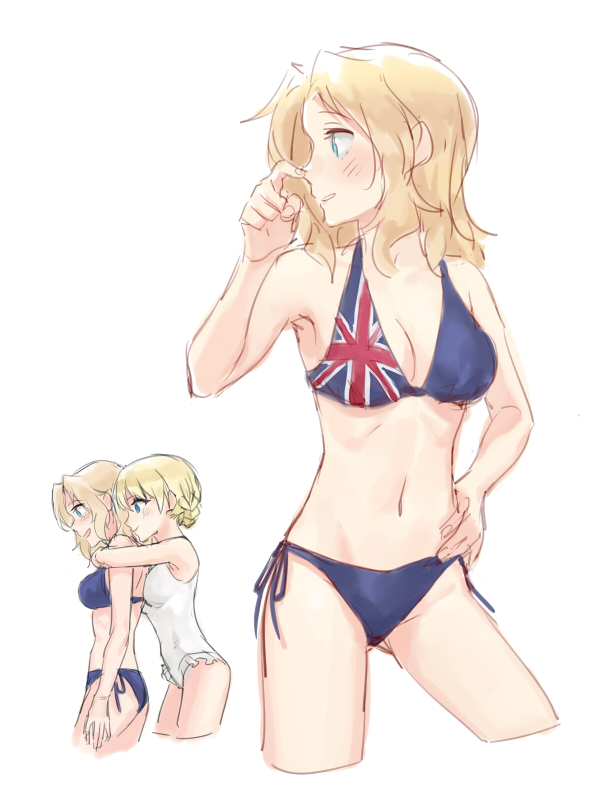 2girls bikini blonde_hair blue_eyes blush breast_press breasts cleavage couple cropped_legs darjeeling female finger_to_nose girls_und_panzer gluteal_fold groin hand_on_own_hip hug hug_from_behind kay_(girls_und_panzer) multiple_girls navel one-piece_swimsuit short_hair side-tie_bikini sketch smile soramame_(corndog) swimsuit union_jack_bikini white_background white_swimsuit yuri