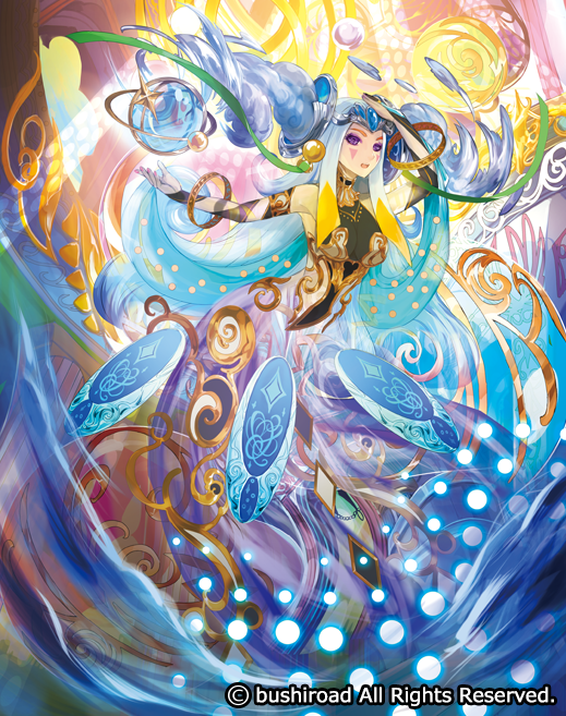 1girl anklet astrologer_miss_haze blue_hair bracelet cardfight!!_vanguard company_name crystal_ball dress facial_mark full_body jewelry long_hair moreshan nail_polish official_art open_mouth solo teeth tiara violet_eyes water
