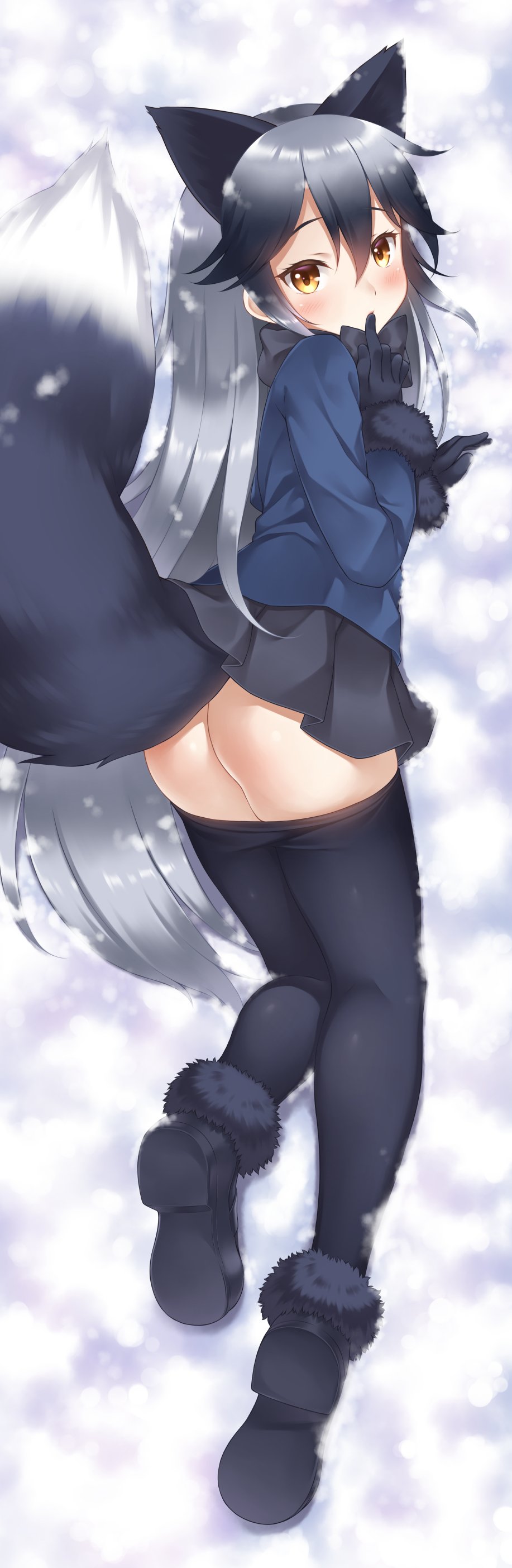 1girl absurdres animal_ears ass black_bow black_gloves black_legwear black_skirt blush bow bowtie commentary_request finger_to_mouth fox_ears fox_tail gloves hair_between_eyes highres jacket kemono_friends long_hair looking_at_viewer looking_back lying multicolored_hair pantyhose pantyhose_pull pleated_skirt ren_san silver_fox_(kemono_friends) skirt snow tail yellow_eyes