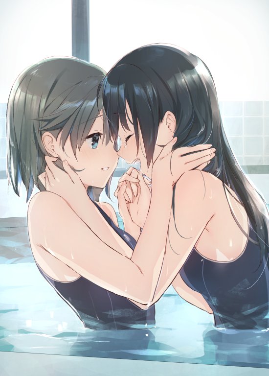 2girls arm bare_arms bare_shoulders black_hair black_swimsuit blue_eyes brown_hair character_request closed_eyes couple face-to-face female hand_holding hand_on_another's_face happy highres indoors laughing looking_at_another multiple_girls mutual_yuri one-piece_swimsuit open_mouth parted_lips partially_submerged pool round_teeth shiny shiny_hair smile swimsuit teeth upper_body water weee_(raemz) wet yuri