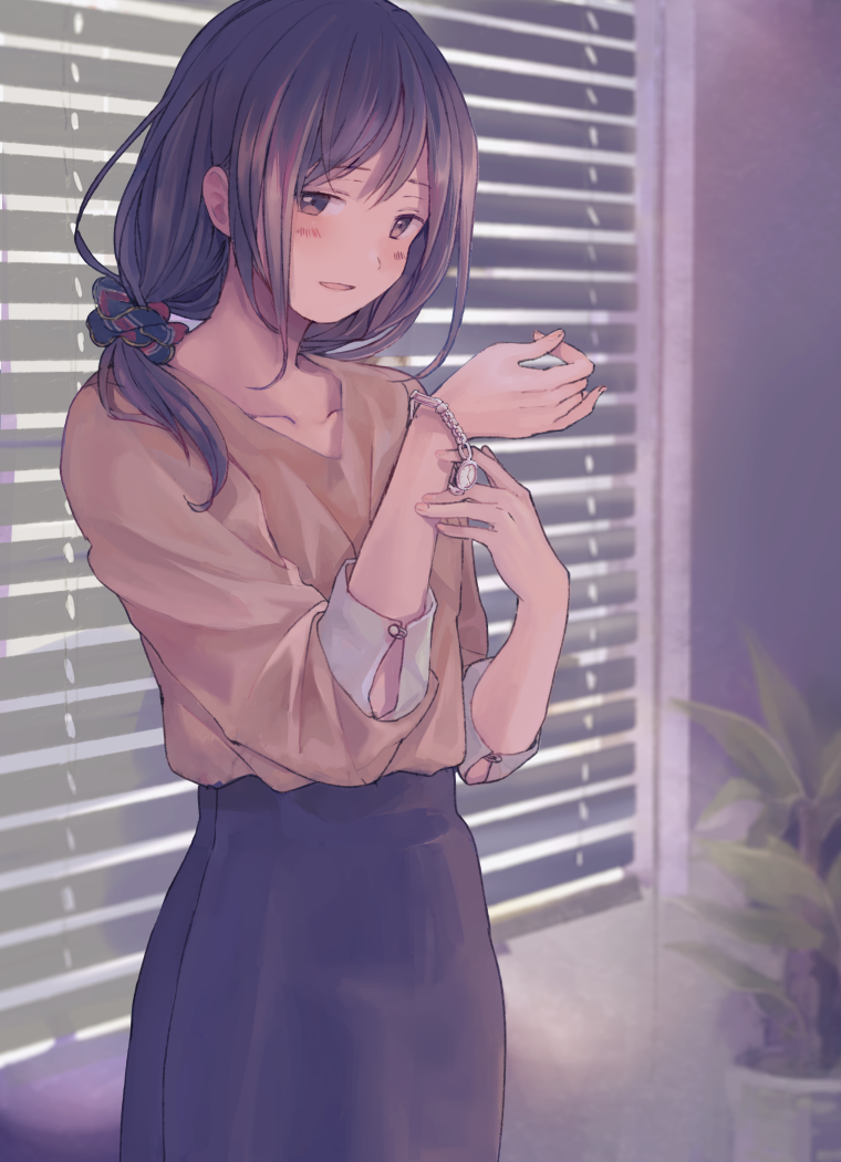 1girl bangs black_hair black_skirt blinds blouse blush brown_eyes collarbone commentary_request eyebrows_visible_through_hair flower_pot hair_ornament hair_over_shoulder hair_scrunchie indoors light_smile long_hair looking_at_viewer low-tied_long_hair mature naname_(danbooru_maker) original parted_lips plant potted_plant scrunchie skirt solo standing watch watch window yellow_blouse