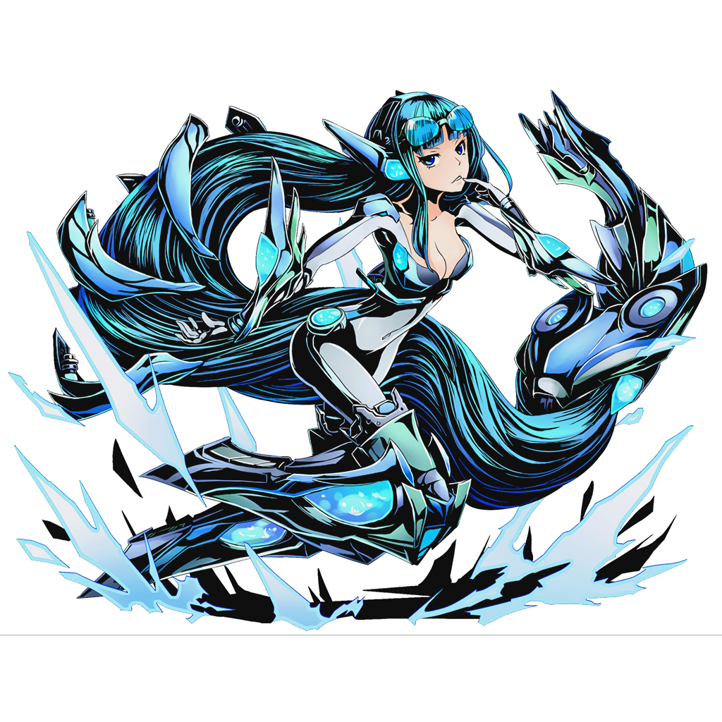 1girl absurdly_long_hair armor armored_boots blue_eyes blue_hair bodysuit boots breasts cleavage collarbone covered_navel divine_gate finger_to_mouth full_body glasses_on_head gloves long_hair looking_at_viewer mecha_musume medium_breasts official_art shadow solo transparent_background ucmm very_long_hair white_gloves