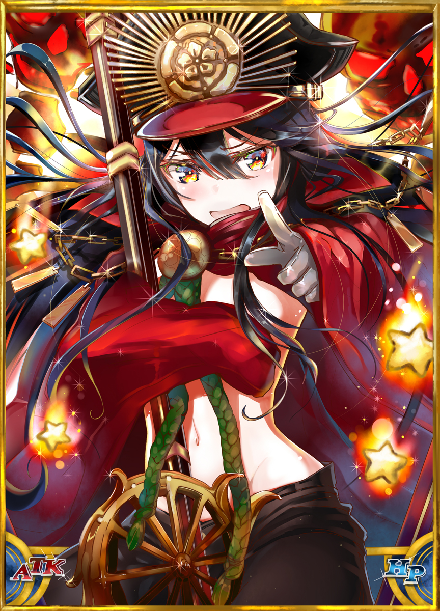 1girl bangs black_hair blush cape card_(medium) chains covering covering_breasts cowboy_shot demon_archer fate/grand_order fate_(series) foreshortening gloves grey_gloves groin hat highres long_hair long_sleeves looking_at_viewer military_hat navel open_mouth peaked_cap pointing pointing_at_viewer rope sidelocks skull solo soramu stomach swept_bangs wide_sleeves yellow_eyes