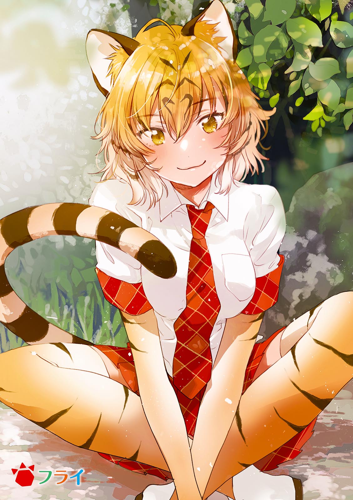 1girl :3 animal_ears animal_print ankle_boots artist_name blush boots breast_pocket breasts cat_ears cat_tail collar collared_shirt dot_nose eyebrows eyebrows_visible_through_hair eyelashes fly_333 gradient_hair ground hair_between_eyes highres indian_style jpeg_artifacts kemono_friends large_breasts lips looking_at_viewer multicolored_hair necktie orange_hair outdoors own_hands_together plaid plaid_necktie plaid_skirt plant pleated_skirt pocket red_necktie red_skirt rock shiny shiny_clothes shiny_hair shiny_skin shirt short_hair sitting skirt smile solo striped_tail tail thigh-highs tiger_(kemono_friends) tiger_ears tiger_print tiger_tail tsurime two-tone_hair white_boots white_footwear white_shirt wing_collar yellow_eyes zettai_ryouiki