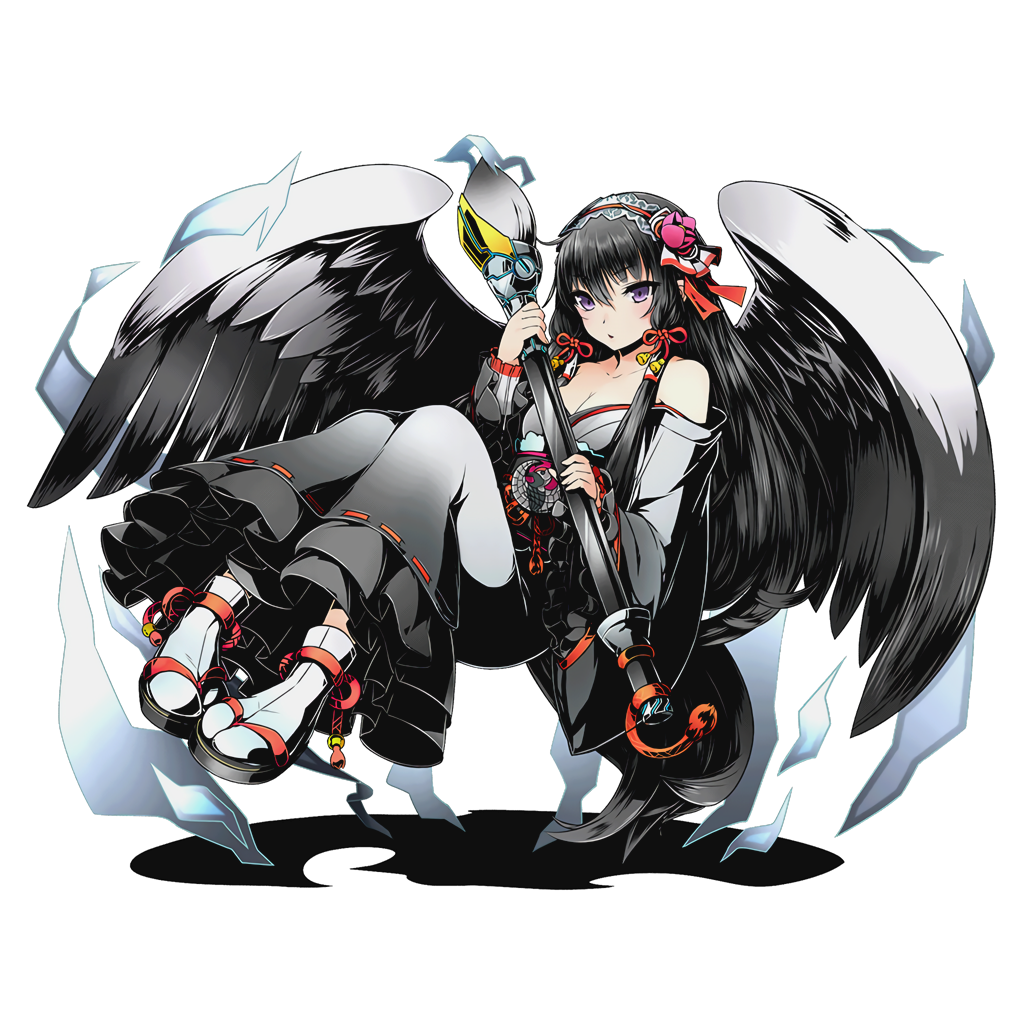 1girl absurdly_long_hair black_hair breasts cleavage collarbone divine_gate eyebrows_visible_through_hair feathered_wings full_body grey_wings hair_between_eyes hair_ribbon headdress japanese_clothes kimono lace-trimmed long_hair medium_breasts off_shoulder official_art red_ribbon ribbon socks solo transparent_background ucmm very_long_hair violet_eyes white_legwear wings