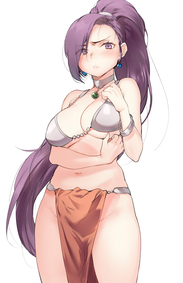1girl bikini_top blush bracelet breasts character_request cleavage cosplay dragon_quest dragon_quest_iv dragon_quest_xi earrings jewelry large_breasts loincloth long_hair looking_at_viewer manya manya_(cosplay) martina_(dragon_quest_xi) naso4 navel pelvic_curtain ponytail purple_hair sketch solo violet_eyes