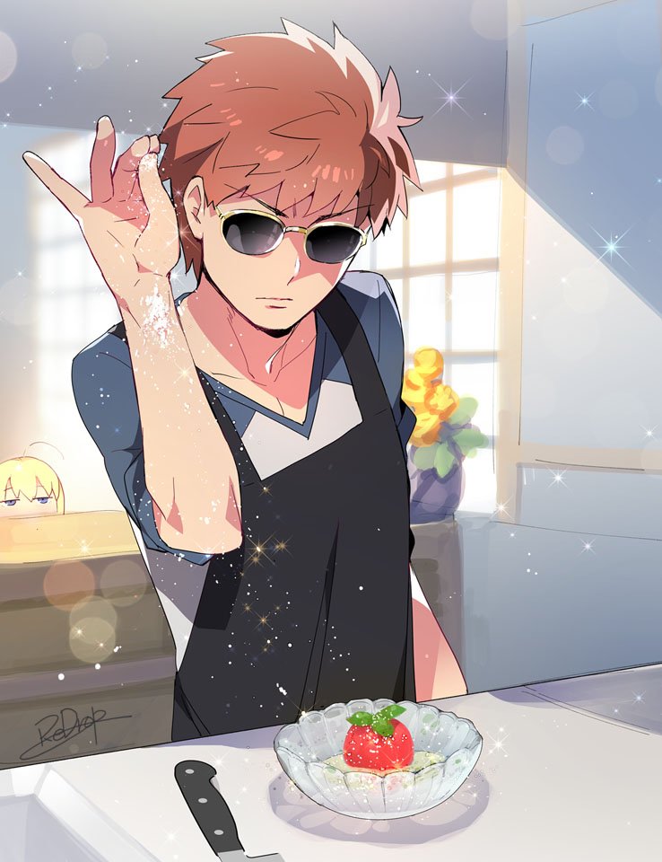 1boy 1girl blonde_hair blue_eyes bowl commentary_request emiya_shirou fate/stay_night fate_(series) food fruit glass jitome knife meme parody raglan_sleeves redhead redrop saber salt_bae_(meme) serious signature sparkle strawberry sugar sunglasses