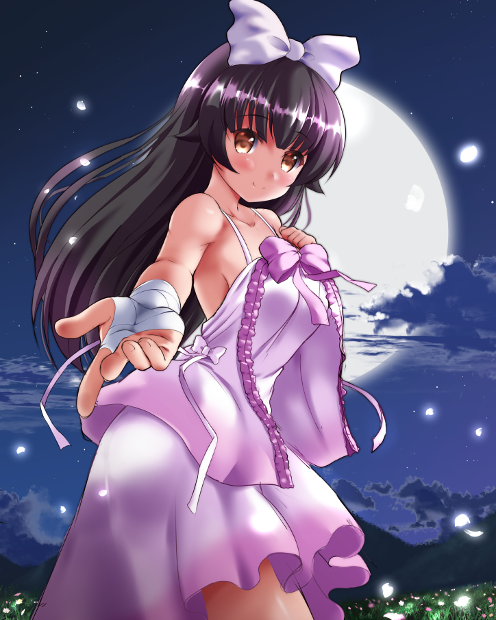1girl black_hair blush bow brown_eyes chisato_(missing_park) closed_mouth clouds cowboy_shot dark_clouds dress flower_knight_girl full_moon hair_bow long_hair looking_at_viewer moon night outstretched_hand petals pink_bow pink_dress shiny shiny_skin smile solo tsukimisou_(flower_knight_girl) white_bow