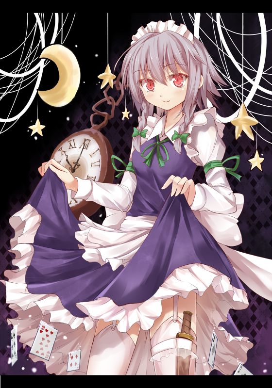 1girl blush bow braid card crescent dress dress_lift efe garter_straps izayoi_sakuya knife letterboxed maid maid_headdress mobile playing_card pocket_watch red_eyes revision ribbon short_hair silver_hair skirt smile solo star touhou twin_braids watch