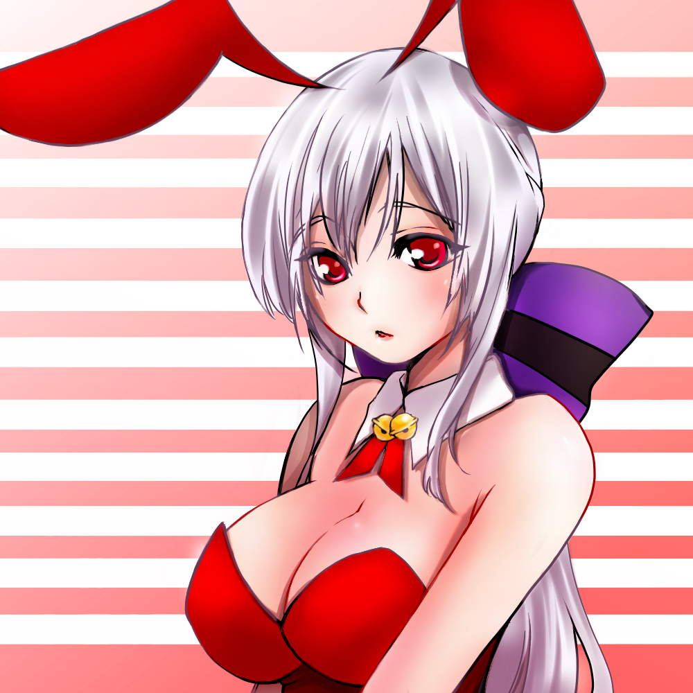 1girl animal_ears artist_request bare_shoulders bow breasts cleavage collar hair_bow large_breasts rabbit_ears red_eyes solo vocaloid white_hair yowane_haku