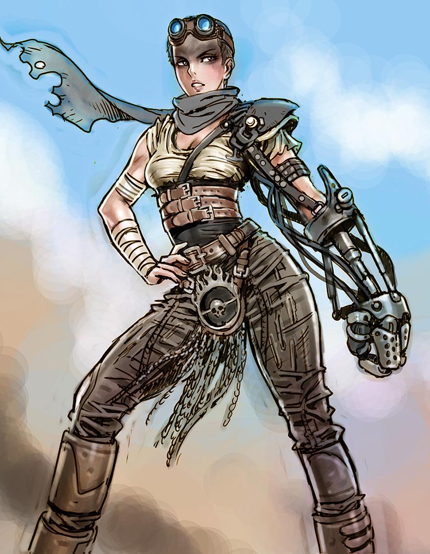 1girl belt black_hair black_scarf breasts brown_eyes cleavage contrapposto dirty_face goggles goggles_on_head hand_on_hip imperator_furiosa mad_max mad_max:_fury_road mechanical_arm medium_breasts scarf short_hair solo very_short_hair yamashita_shun'ya
