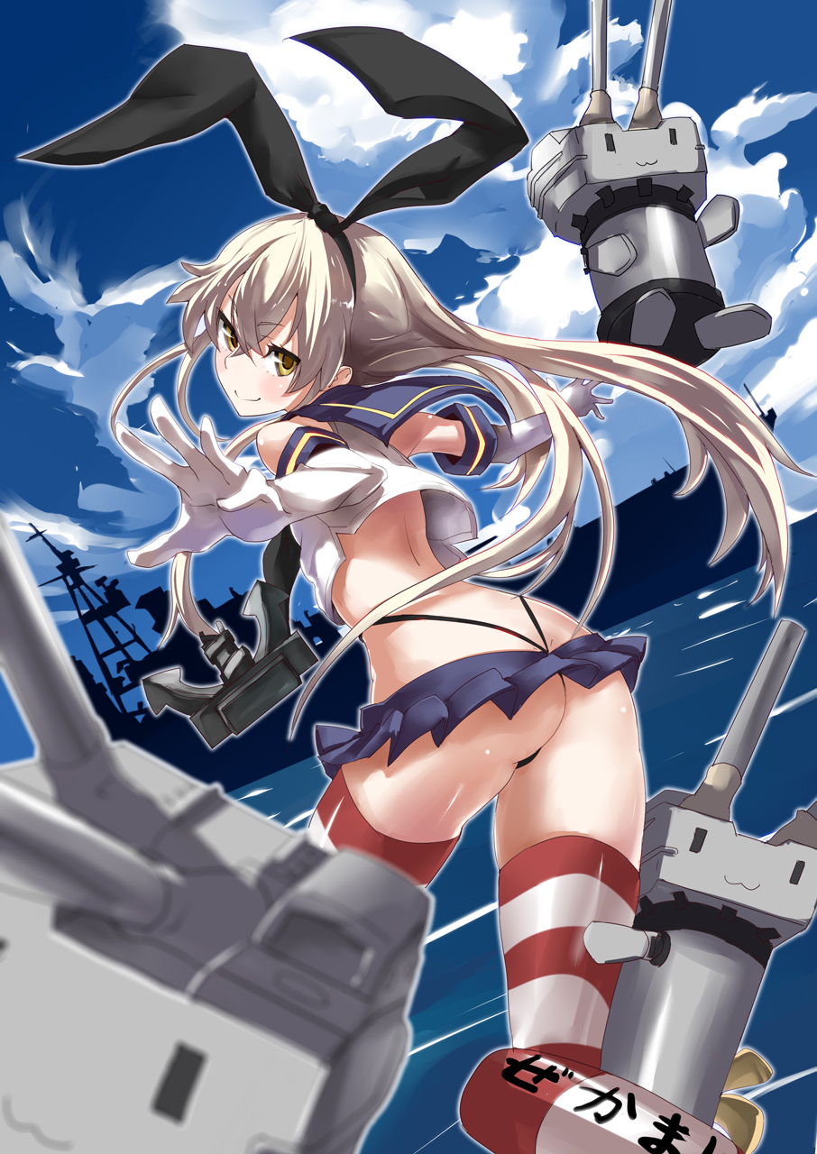 1girl :3 anchor anchor_hair_ornament ass battleship black_panties blonde_hair blurry blush brown_eyes clouds crop_top crop_top_overhang depth_of_field elbow_gloves g-string gloves hair_ornament hairband highleg highleg_panties highres kantai_collection long_hair looking_at_viewer looking_back midriff military military_vehicle panties rensouhou-chan revision shimakaze_(kantai_collection) shiny shiny_skin ship skindentation skirt sky solo striped striped_legwear thigh-highs thong tsuuhan underwear warship watercraft whale_tail white_gloves