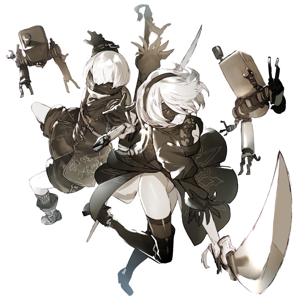 1boy 1girl black_boots black_dress black_gloves black_hairband black_legwear black_shirt blindfold boots breasts cleavage cleavage_cutout closed_mouth covered_eyes dress feather-trimmed_sleeves foreshortening from_above full_body gloves hairband holding holding_sword holding_weapon juliet_sleeves katana leotard_under_clothes long_sleeves medium_breasts nier_(series) nier_automata open_mouth pale_skin pelvic_curtain pod_(nier_automata) puffy_sleeves shirabi_(life-is-free) shirt short_hair silver_hair smile sword thigh-highs thigh_boots thighhighs_under_boots vambraces weapon yorha_no._2_type_b yorha_no._9_type_s
