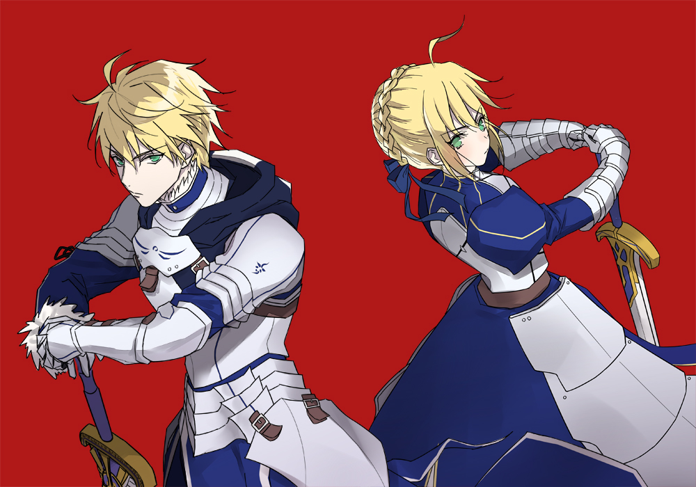 1boy 1girl ahoge armor armored_dress ayumi_(xiwu) blonde_hair blush dual_persona excalibur excalibur_(fate/prototype) fate/grand_order fate/prototype fate/stay_night fate_(series) gauntlets green_eyes hair_bun hair_ribbon long_hair looking_at_viewer ribbon saber saber_(fate/prototype) short_hair simple_background sword weapon