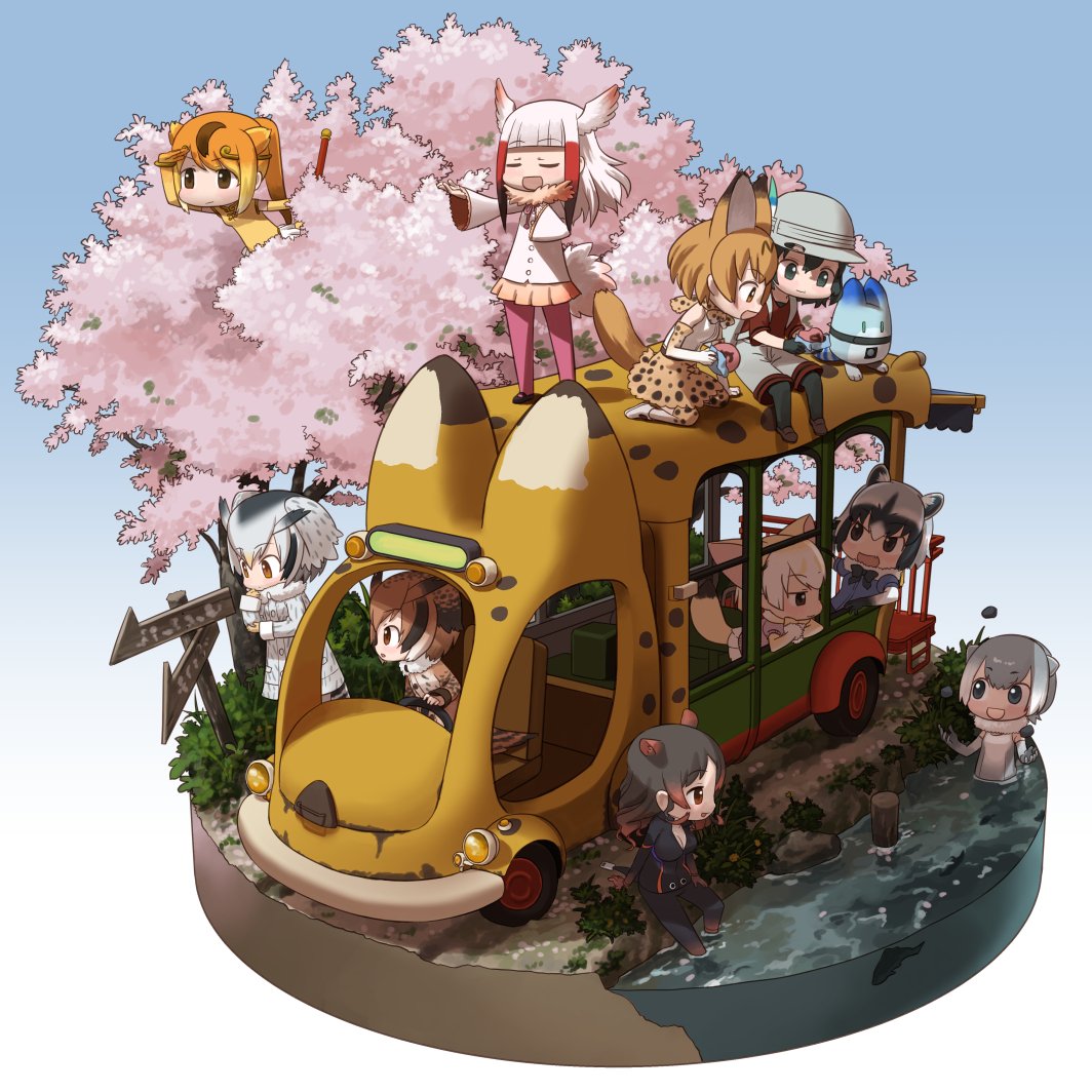 6+girls angry animal_ears bird blue_sky blush bush cat_ears cat_tail cherry_blossoms crested_ibis driving eurasian_tree_sparrow fennec_(kemono_friends) fox_ears fox_tail golden_snub-nosed_monkey_(kemono_friends) grass hippopotamus hirai_yukio japari_bun japari_bus juggling kaban kemono_friends lucky_beast_(kemono_friends) multiple_girls music nature northern_white-faced_owl_(kemono_friends) open_mouth otter_(kemono_friends) outdoors partially_submerged raccoon_(kemono_friends) river serval_(kemono_friends) signpost singing sky smile sparrow tail tree vehicle watching water