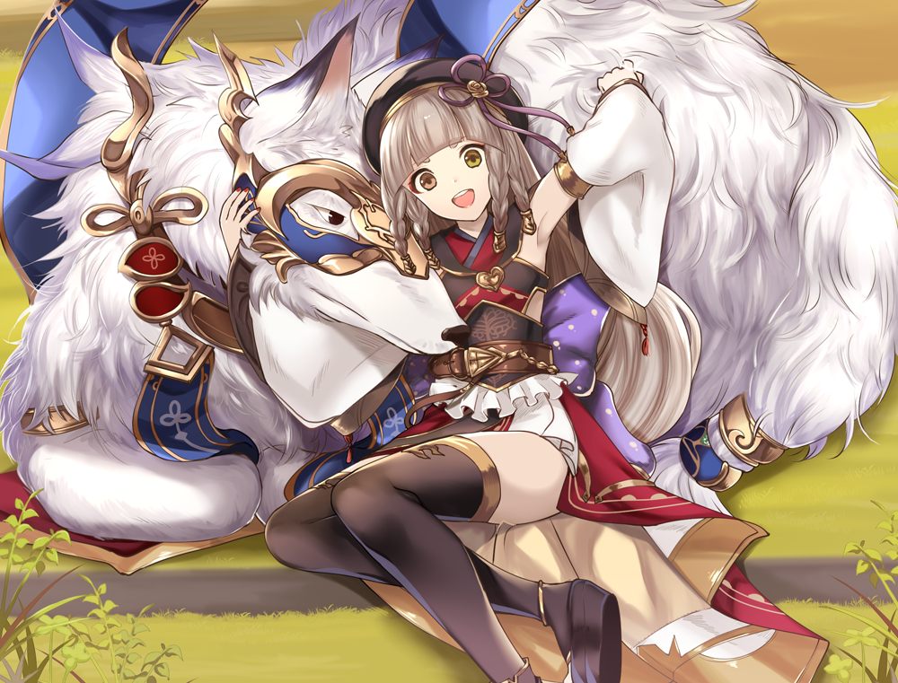 &gt;:d 1girl :d animal arm_around_neck armpits bangs belt beret black_eyes black_hat black_legwear blunt_bangs brown_eyes brown_hair character_request closed_mouth detached_sleeves eko eyebrows_visible_through_hair flat_chest frills granblue_fantasy hand_on_another's_head hat head_tilt long_hair long_sleeves looking_at_viewer nail_polish on_ground open_mouth plant quad_braids red_nails sitting smile thigh-highs very_long_hair