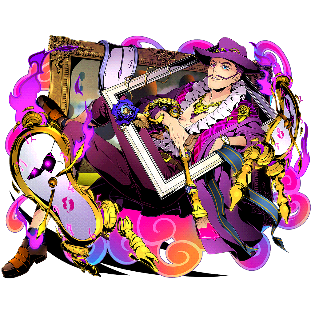 1boy arm_rest blue_eyes clock divine_gate facial_hair flower full_body hat heterochromia jewelry legs_crossed lipstick_mark male_focus mustache necklace official_art parted_lips pencil_mustache picture_frame portrait_(object) reclining rose salvador_(divine_gate) smile solo transparent_background ucmm violet_eyes