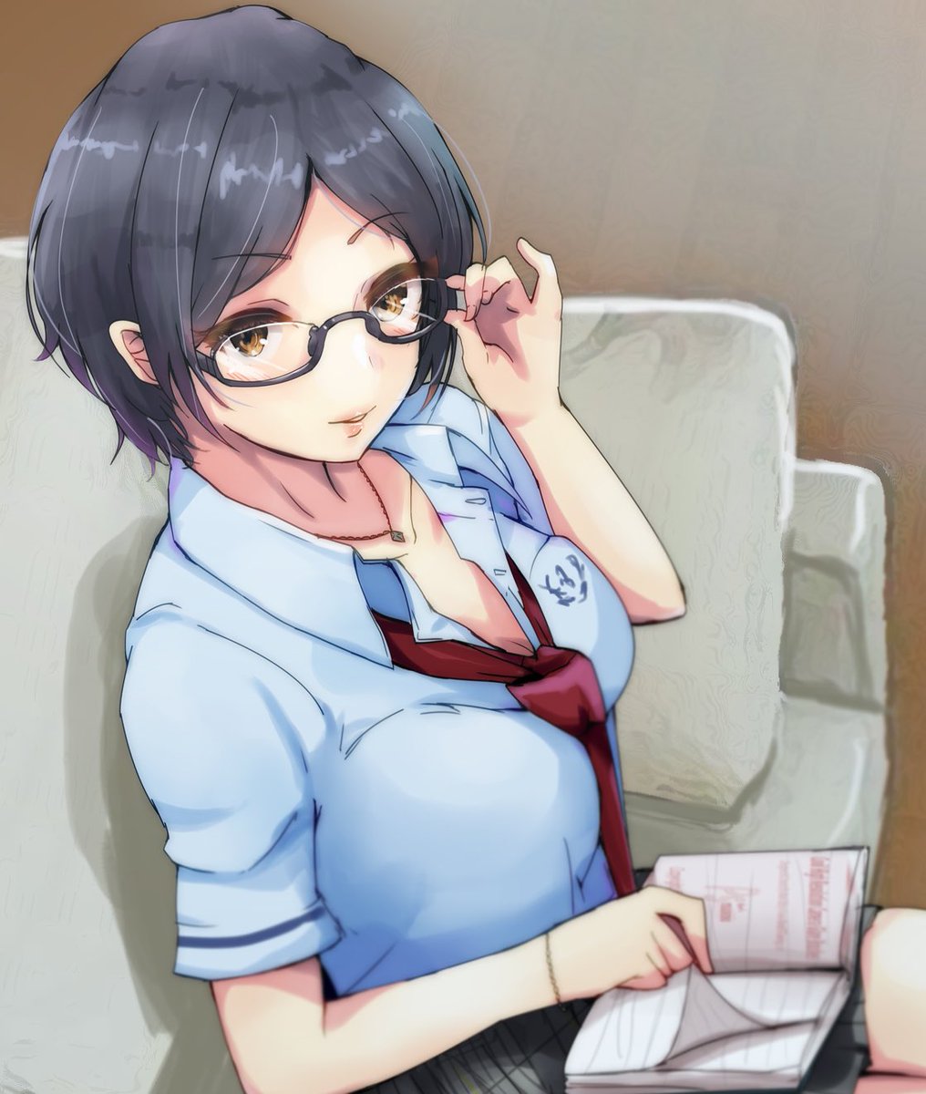 1girl adjusting_glasses blue_hair blue_shirt book bracelet breasts collarbone couch eyebrows_visible_through_hair glasses grey_skirt hayami_kanade highres idolmaster idolmaster_cinderella_girls jewelry looking_at_viewer looking_to_the_side necklace necktie open_book parted_lips pendant plaid plaid_skirt pleated_skirt red_necktie ryuu. school_uniform shirt short_hair sitting skirt smile solo