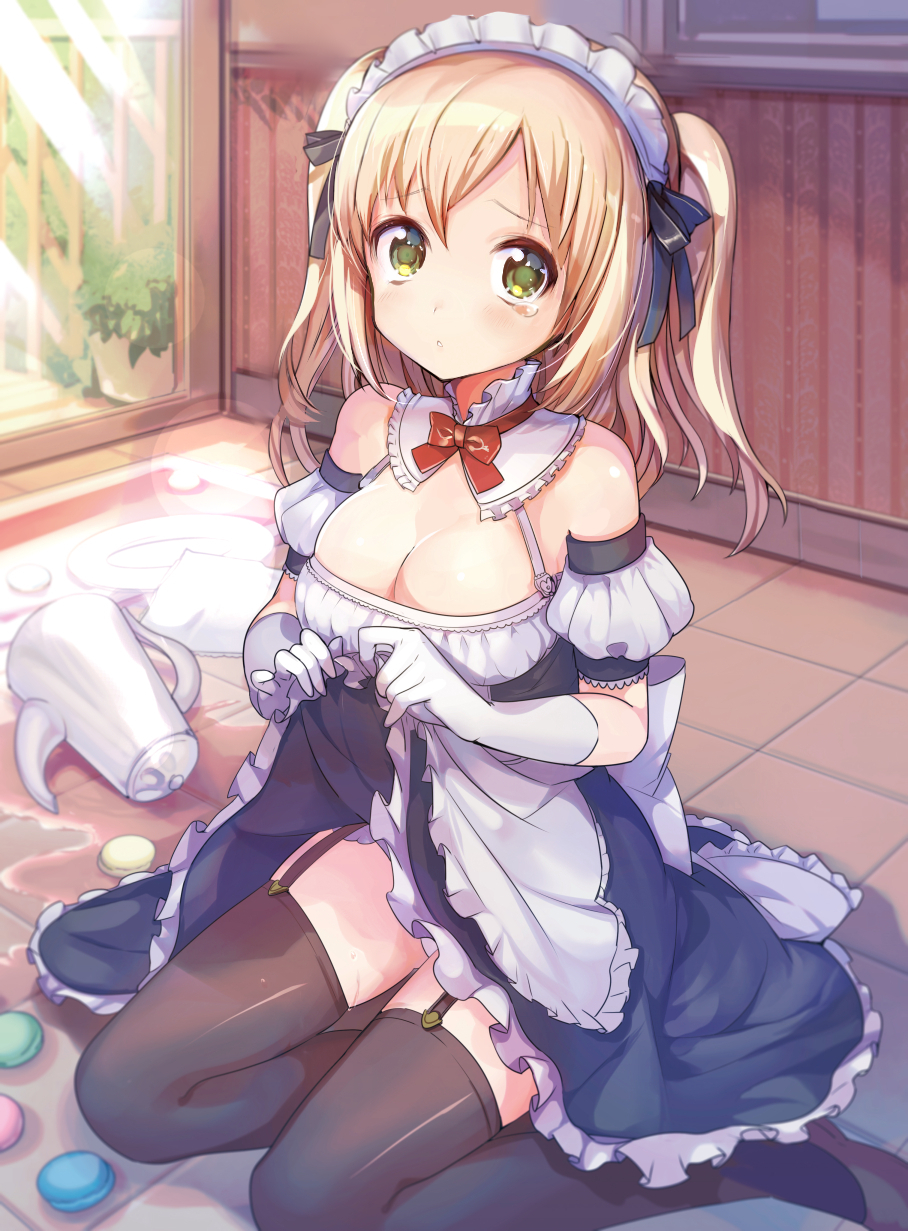 1girl a_k_o apron blonde_hair blush garter_straps green_eyes highres looking_at_viewer maid maid_headdress moe2015 original revision short_hair sitting skirt solo spill teapot tears thigh-highs twintails two_side_up wariza