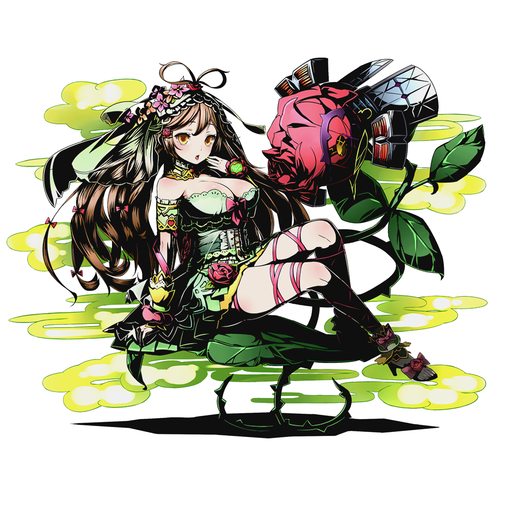 1girl breasts brown_hair choker cleavage divine_gate dress eyebrows floating_hair flower full_body green_dress hair_flower hair_ornament high_heels large_breasts long_hair looking_at_viewer official_art open_mouth orange_eyes orange_flower pink_flower red_flower red_ribbon ribbon shadow shiny shiny_skin sitting solo transparent_background ucmm very_long_hair wrist_cuffs
