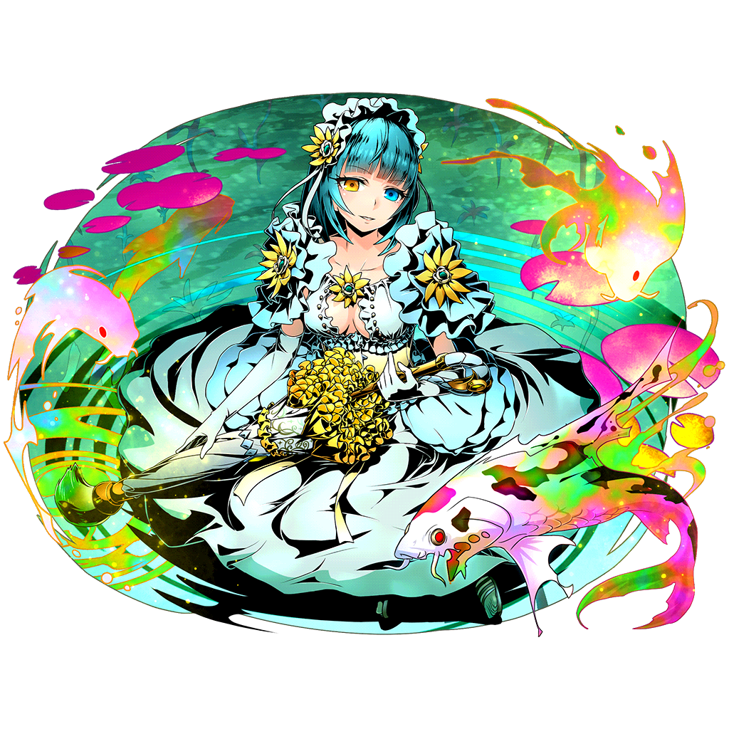 1girl blue_eyes blue_hair breasts claude_(divine_gate) cleavage divine_gate dress flower full_body heterochromia koi lake long_hair looking_at_viewer official_art parted_lips ripples smile solo transparent_background ucmm yellow_eyes