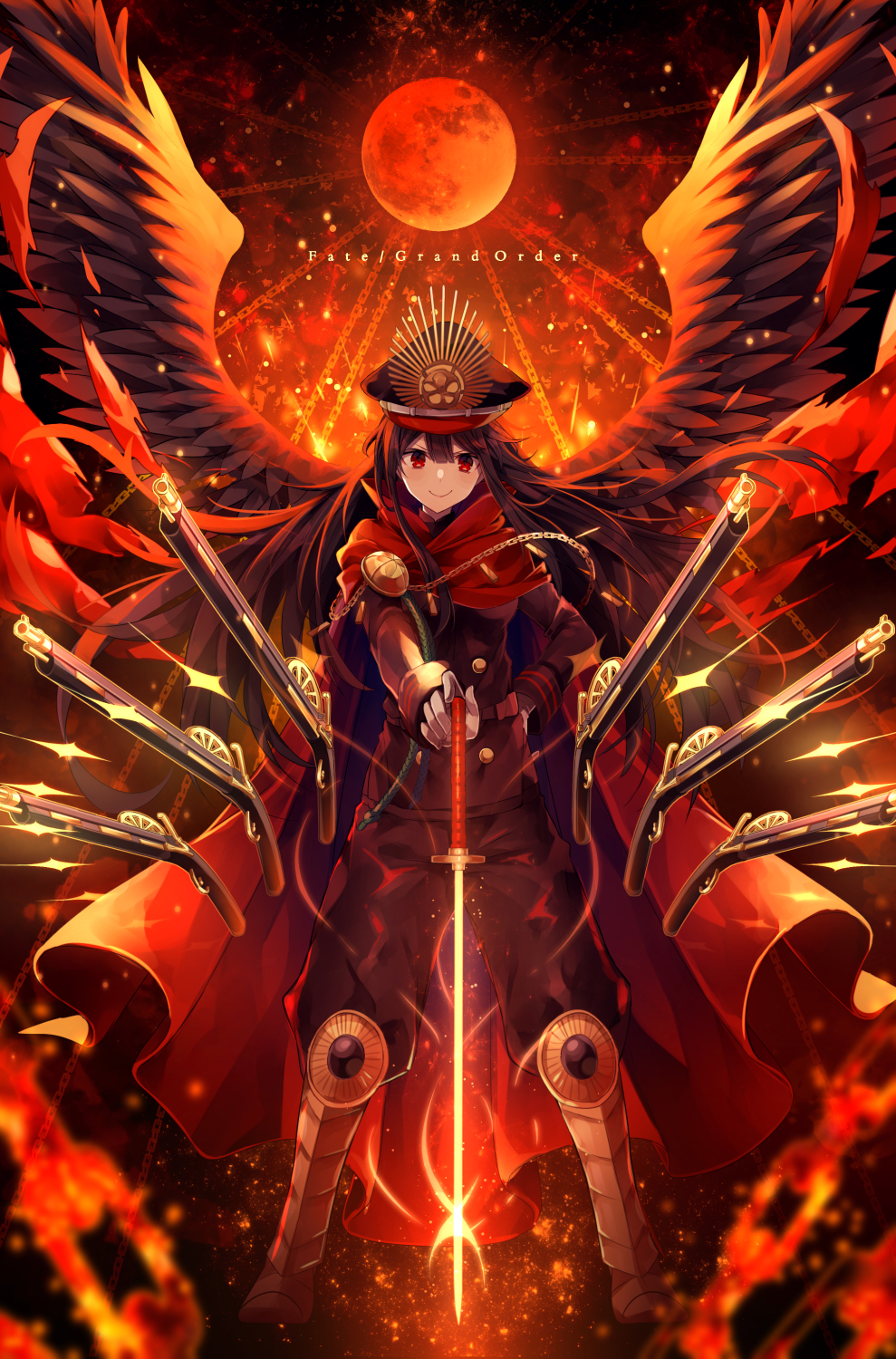 1girl armor armored_boots bangs black_hair black_wings blurry blush boots chains cloak closed_mouth copyright_name demon_archer depth_of_field fate/grand_order fate_(series) feathered_wings floating_hair gun hair_between_eyes hat highres holding holding_sword holding_weapon koha-ace legs_apart long_hair looking_at_viewer military military_uniform musket peaked_cap planted_sword planted_weapon red_eyes rising_sun smile smug solo standing sunburst sword uniform weapon wings yuxx_yux