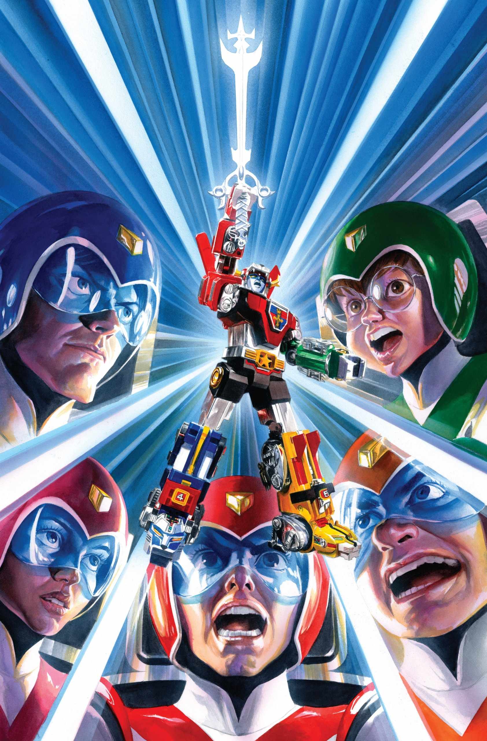 1girl 4boys absurdres age_difference alex_ross character_request child energy epic glasses goggles golion_(mecha) helmet highres hyakujuu-ou_golion mecha multiple_boys pilot_suit realistic scan science_fiction screaming super_robot sword tagme traditional_media visor weapon