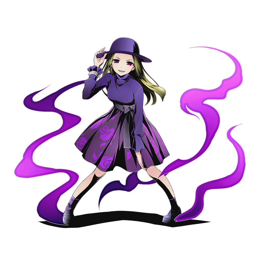 1girl blonde_hair divine_gate floating_hair full_body hand_on_headwear hand_on_own_knee hat leaning_forward long_hair looking_at_viewer official_art open_mouth purple_hair purple_legwear purple_skirt red_eyes skirt socks solo standing sun_hat transparent_background ucmm