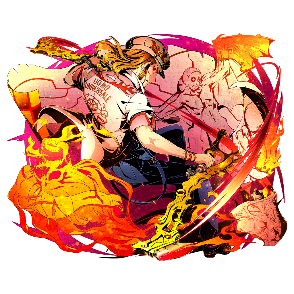 1boy blonde_hair cabbie_hat divine_gate dual_wielding fire flame_print from_behind full_body hat jacket leonardo_(divine_gate) male_focus official_art overalls paintbrush skeleton sleeves_rolled_up solo transparent_background ucmm
