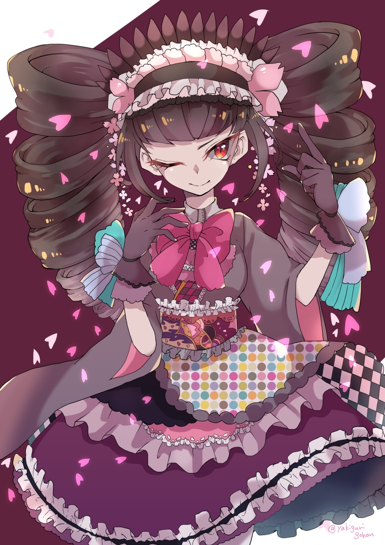 1girl artist_name black_hair bow celestia_ludenberck checkered dangan_ronpa dangan_ronpa_1 dress drill_hair eyelashes floral_print flower frills gloves gothic_lolita headband heart japanese_clothes lace_trim lolita_fashion long_hair looking_at_viewer one_eye_closed pale_skin patterned_clothing petals red_eyes shiny shiny_hair simple_background smile solo text twintails wide_sleeves yakigurigohan