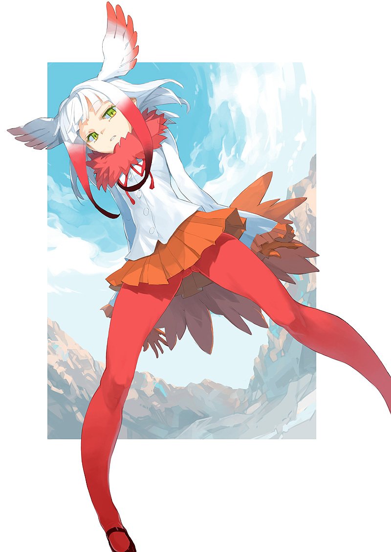 1girl arms_at_sides bangs bird_tail blue_sky blunt_bangs buttons clouds cloudy_sky coat crested_ibis_(kemono_friends) day full_body fur_collar gloves gluteal_fold gradient_hair half-closed_eyes head_wings inu kemono_friends legs legs_apart long_sleeves mountain multicolored_hair pantyhose parted_lips pleated_skirt red_legwear red_ribbon red_skirt ribbon short_hair_with_long_locks simple_background skirt sky solo standing two-tone_hair white_background wide_sleeves yellow_eyes