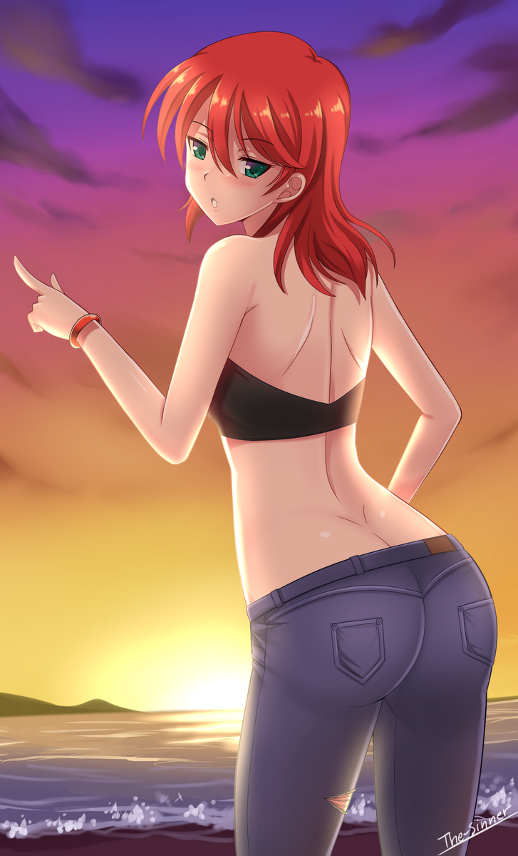 1girl :o ass back bangs bare_arms bare_shoulders beach blush bracelet butt_crack cowboy_shot denim eba_rin evening from_behind green_eyes highres jewelry kimi_no_iru_machi long_hair looking_at_viewer looking_back redhead solo strapless sunset the-sinner tubetop