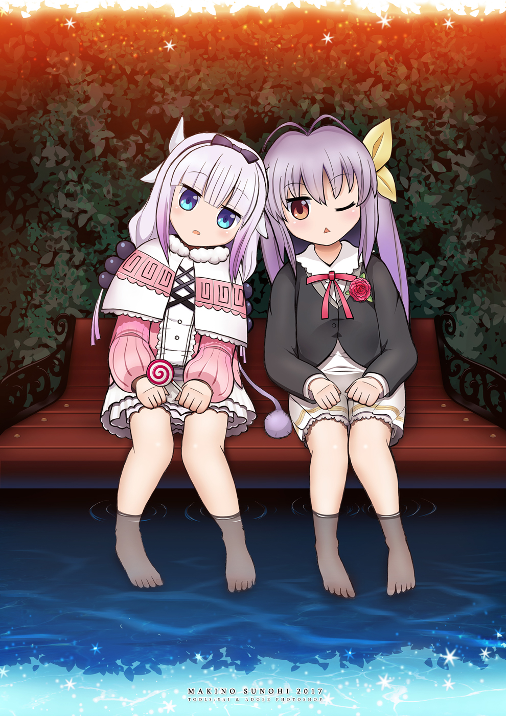 2017 2girls antenna_hair artist_name barefoot beads bench black_jacket blue_eyes candy capelet carnation commentary_request crossover day dragon_horns dress flower food fur-trimmed_capelet hair_ribbon hands_on_lap head_to_head hedge_(plant) highres holding horns jacket kanna_kamui knees_together_feet_apart kobayashi-san_chi_no_maidragon lavender_hair layered_dress leaning_on_person lollipop long_hair long_sleeves looking_at_viewer makino_sunohi miyauchi_renge multiple_girls non_non_biyori one_eye_closed outdoors parted_lips red_eyes red_ribbon ribbon sitting soaking_feet sparkle swirl_lollipop tail triangle_mouth white_dress