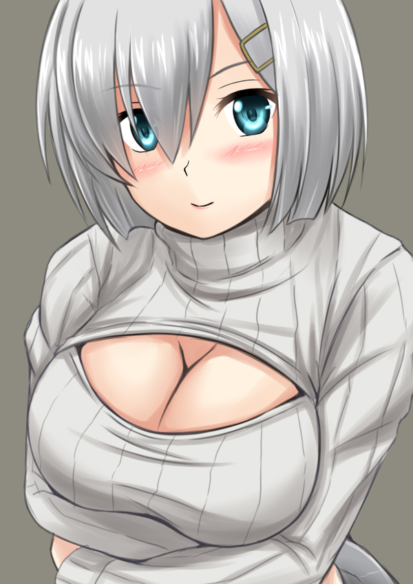 1girl alternate_costume blue_eyes blush breast_hold breasts cleavage cleavage_cutout fuuma_nagi grey_background hair_ornament hairclip hamakaze_(kantai_collection) kantai_collection large_breasts looking_at_viewer meme_attire open-chest_sweater ribbed_sweater short_hair silver_hair smile solo sweater turtleneck turtleneck_sweater upper_body