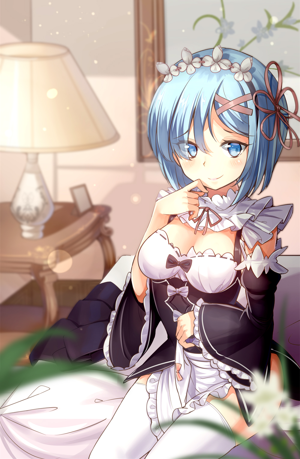 1girl apron apron_lift bare_shoulders bedroom black_dress blue_eyes blue_hair blurry breasts checkered checkered_floor cleavage_cutout depth_of_field detached_sleeves dress flower frilled_sleeves frills hair_ornament hair_over_one_eye hair_ribbon highres indoors lamp lens_flare light_particles light_smile lips looking_at_viewer maid maid_headdress medium_breasts on_bed ootsuki_momiji pink_ribbon portrait_(object) re:zero_kara_hajimeru_isekai_seikatsu rem_(re:zero) revision ribbon short_hair sitting sitting_on_bed smile solo table thigh-highs thighs waist_apron white_legwear wide_sleeves x_hair_ornament
