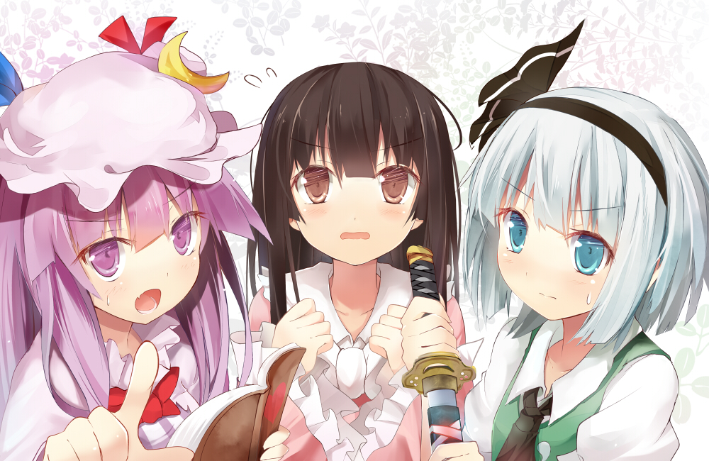 3girls aqua_eyes blush book brown_eyes brown_hair crescent efe embarrassed hairband hat heart holding holding_book houraisan_kaguya katana konpaku_youmu long_hair looking_at_viewer multiple_girls open_mouth patchouli_knowledge pointing purple_hair revision scabbard sheath short_hair silver_hair sword touhou unsheathing violet_eyes weapon