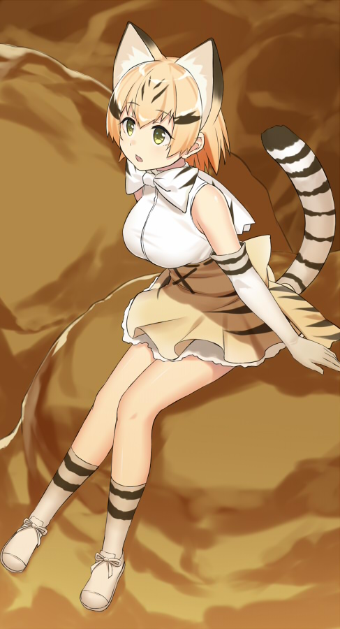 1girl animal_ears bangs bare_shoulders black_hair blonde_hair bow bowtie breasts cat_ears cat_tail cccpo elbow_gloves eyebrows_visible_through_hair full_body gloves green_eyes kemono_friends large_breasts looking_away multicolored_hair petticoat sand_cat_(kemono_friends) shirt shoes short_hair sitting skirt sleeveless socks solo streaked_hair tail white_bow white_bowtie white_gloves white_shirt yellow_skirt